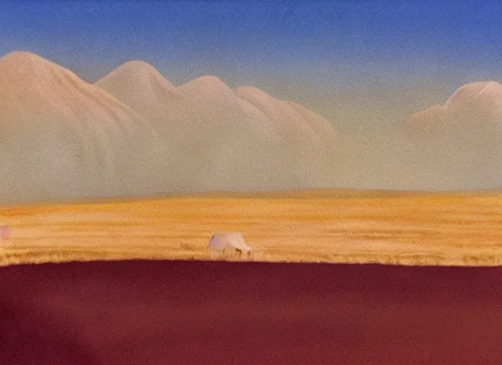 Image similar to painterly minimal endless bland pale bleached sloping wheat farmland by from mulan ( 1 9 9 7 )