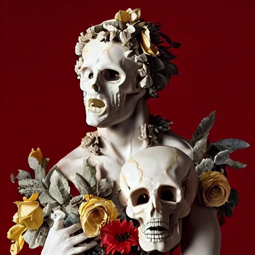 Image similar to a man in the form of a Greek sculpture with a mask in the form of a skull and wreath of flowers skulls in hands dressed in a biomechanical dress, red white and gold color scheme, baroque, by Michelangelo