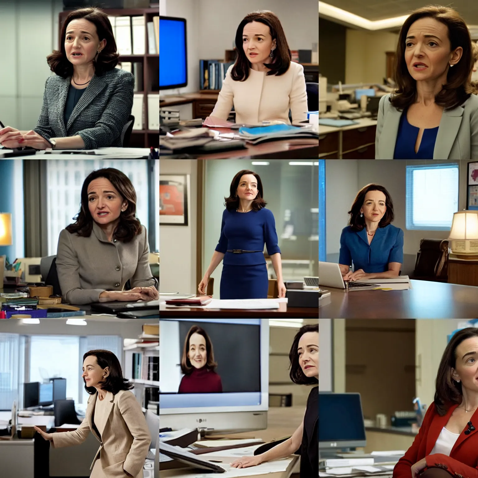 Prompt: Movie still of Sheryl Sandberg in her modern office in The Doomsday Machine (2017), directed by Steven Spielberg, establishing shot