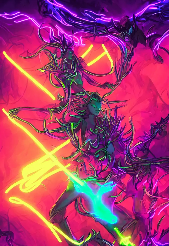 Image similar to , woman with neon sword fighting a horned demon, digital effects glowing ,digital art, illustration, closeup, stylized, cel shaded