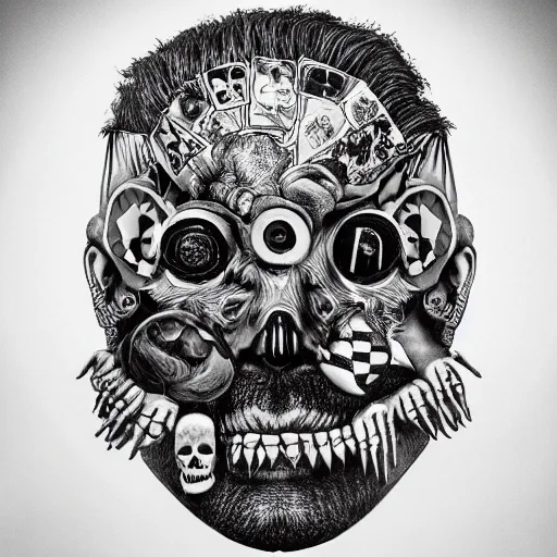 Image similar to punk album cover, psychedelic, black and white, giuseppe arcimboldo