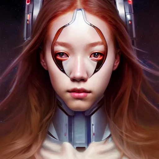 Image similar to portrait painting of a cyborg chuu from loona smiling, ultra realistic, concept art, intricate details, eerie, highly detailed, photorealistic, octane render, 8 k, unreal engine. art by artgerm and greg rutkowski and magali villeneuve and alphonse mucha