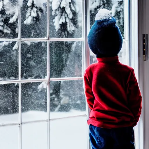 Prompt: a small boy looking out of a window at the snow