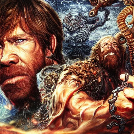 Prompt: uhd photorealistic detailed image of chuck norris defeating lovecraftian cthulhu by ayami kojima, amano, karol bak, correct face