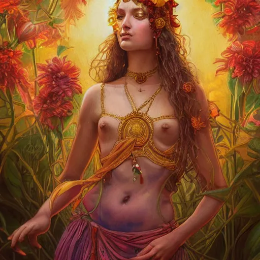 Image similar to a portrait oil painting of a singular beautiful female godess of spring with colorful flowers, holy geometry, tarot card style, by Mohrbacher and Moebius, cinematic lighting, masterpiece, golden ratio background, highly detailed, 8k resolution, trending on art station