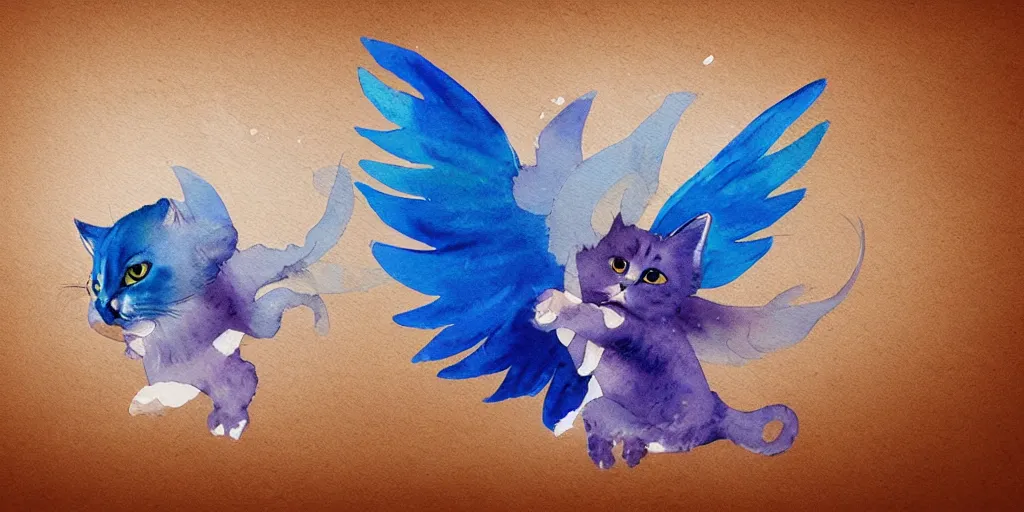 Prompt: watercolor illustration style, flying cute cats with blue wings