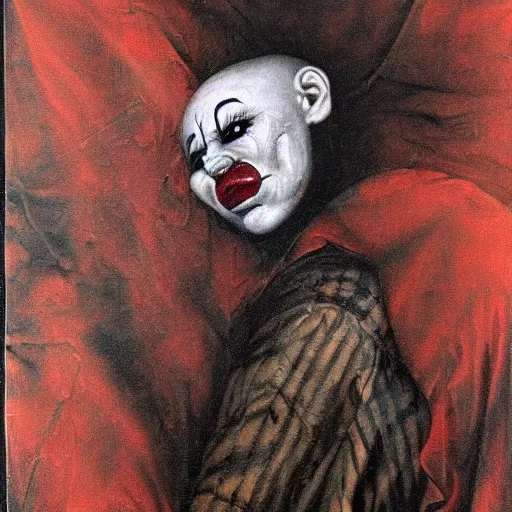 Image similar to nightmare clown drowning in his sorrows and depression, surrealist horror painting with soft, gothic red black and brown colors. soft paint strokes evoking profound sadness, killer clown spiraling into hopelessness. renaissance oil painting, incredibly detailed.