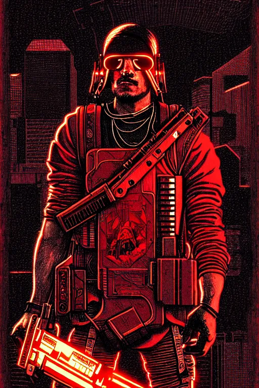 Prompt: Cyberpunk Rambo | Cyborg in Red surrounded by cables | 19th century wood-engraving , whole page illustration , art in the style of greg rutkowski and thomas kinkade and Larry Elmore