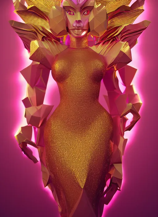Image similar to full body image of a stunning beautiful anthropomorphic lionness woman made out of ceramic gold diamonds wearing a flowing pink colored paper dress, a futuristic subway stop made out of origami, origami orchids, heavenly light, 3 d, very detailed, octane render, trending artstation, artgem