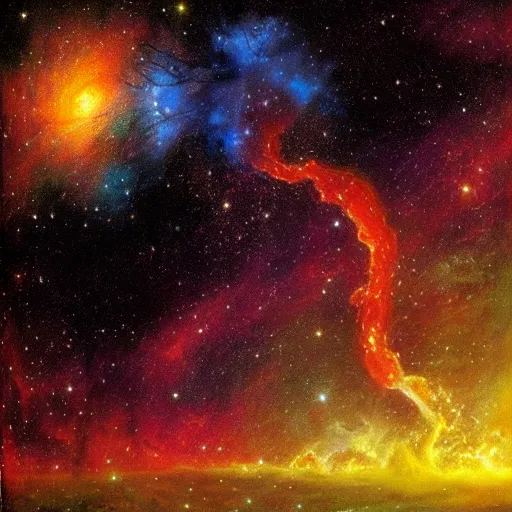 Image similar to a tree floating inside of a nebula, david a. hardy