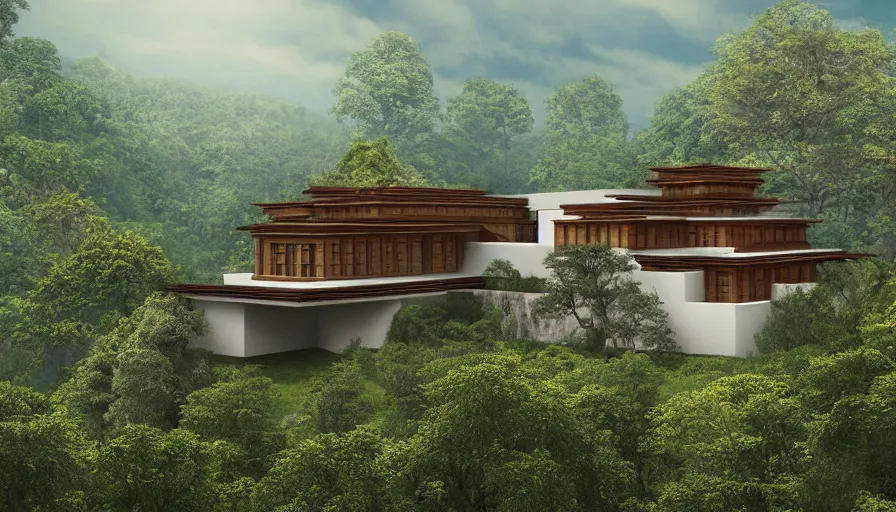 Prompt: small temple house inspired by tibetan architecture, on a green hill, overlooking a valley with trees, frank lloyd wright, realistic render, birdseye view