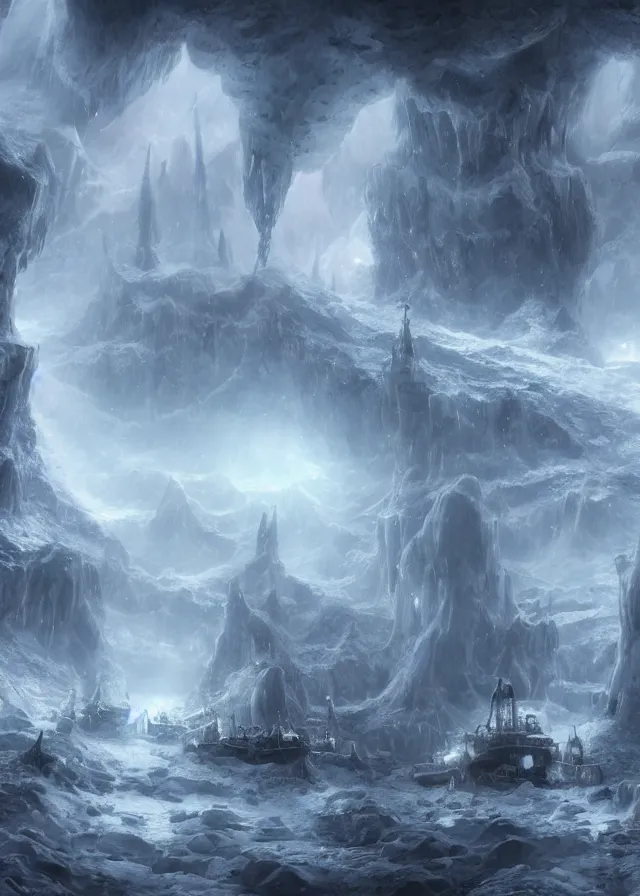 Prompt: a highly detailed matte painting of a graveyard of ships inside an ice cavern, 8 k hd, concept art, artstation, deviantart, cg society,
