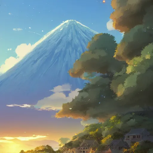 Prompt: a beautiful picture of a peaceful village at the foot of an asleep volcano by makoto shinkai and greg rutkowski, studio ghibli, trending on artstation