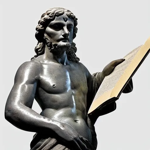 Image similar to greek statue of leonardo davinci holding a book, realistic, photorealistic