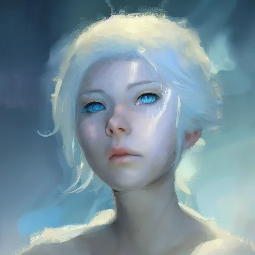 Image similar to portrait of a cute blue-eyed girl with white hair against the background of space, painting by Craig Mullins, octane rendering, soft morning lighting, wide angle lens, in the style of Hayao Miyazaki, trending on artstation,