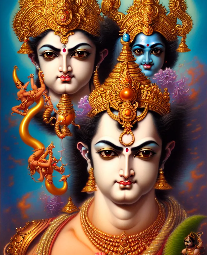 Image similar to beautiful hindu god romantic krishna fantasy character portrait, close - up, headshot, ultra realistic, intricate details, highly detailed by peter mohrbacher, hajime sorayama, wayne barlowe, boris vallejo, aaron horkey, gaston bussiere, craig mullins