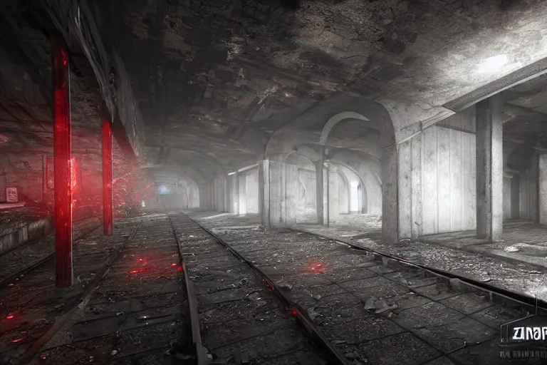 Image similar to ruined, abandoned, underground metro station, seen from inside. Pitch black darkness, red flares on the ground is the only lightsource. Smoke. Dirt, leaves on ground. Unreal Engine. Substance painter. Zbrush. Trending on artstation. 8K. Highly detailed.