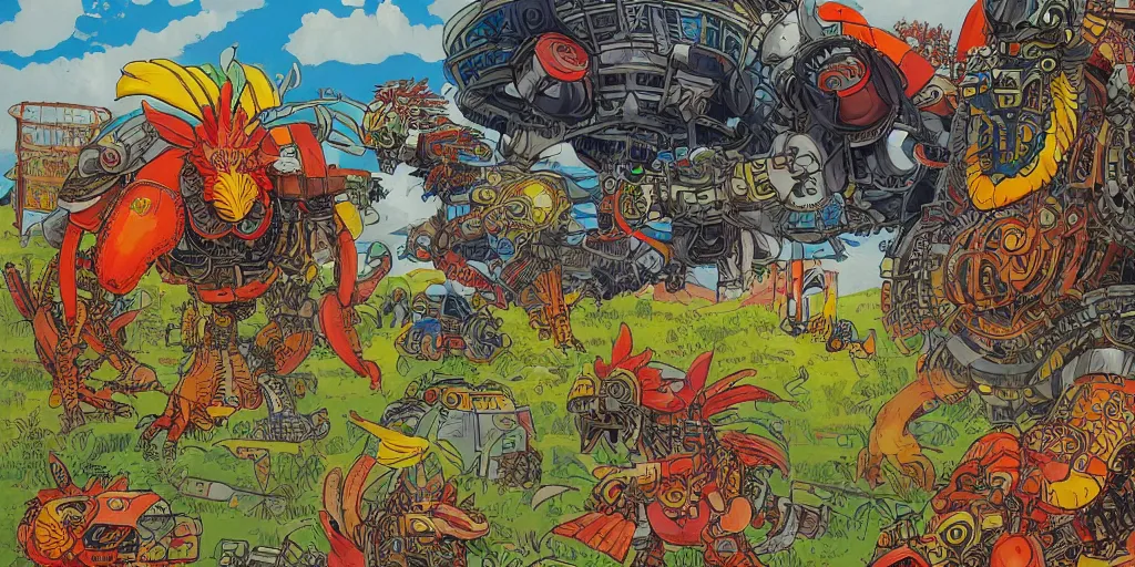 Prompt: colorful illustration of a fully armoured mechanical fighting rooster kaiju in a farm, by hiroaki ando, hajime katoki, shuhei morita, katsuhiro otomo, dieselpunk, tekkonkinkreet color scheme, detailed