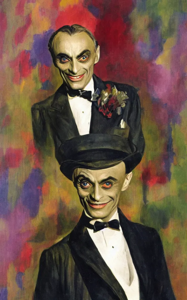 Image similar to portrait of conrad veidt as gwynplaine freakish grin, award winning oil painting, sharp color palette