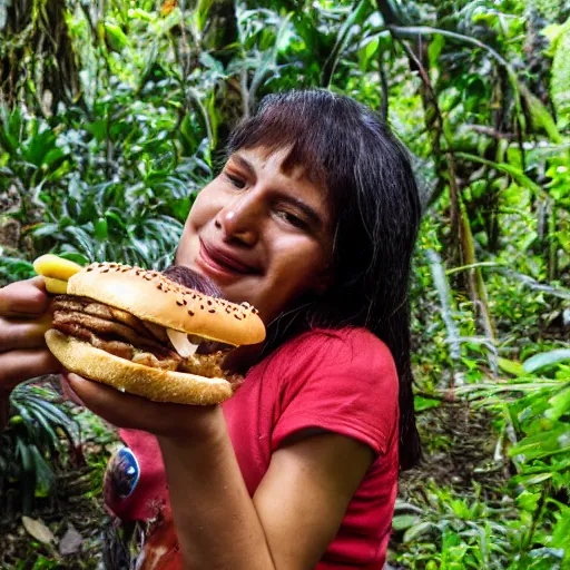 Prompt: a high detail photograph of a proud guatemalan citizen eating a hamburger in the middle of the jungle, award winning photograph