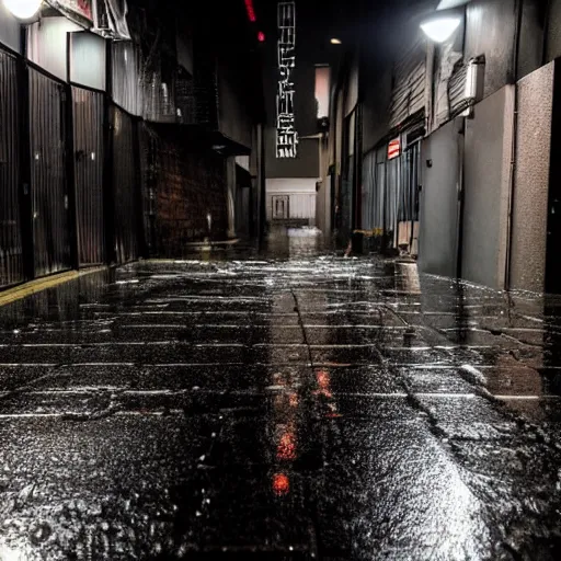 Prompt: a rainy cyuberpunk neo tokyo alley with a black cat sleeping on the wet floor, photo, 4 k