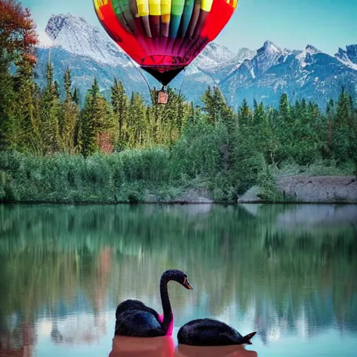 Image similar to photo of two black swans touching heads in a beautiful reflective mountain lake, a colorful hot air balloon is flying above the swans, hot air balloon, intricate, 8k highly professionally detailed, HDR, CGsociety