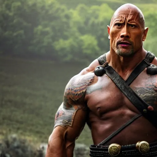 Prompt: a film still of Dwayne Johnson as samurai holding katana