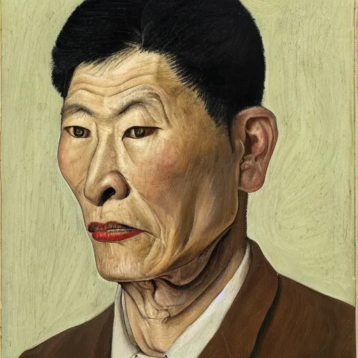 Image similar to detailed portrait of an asian american man in his 3 0 s, by lucian freud, francis bacon, grant wood