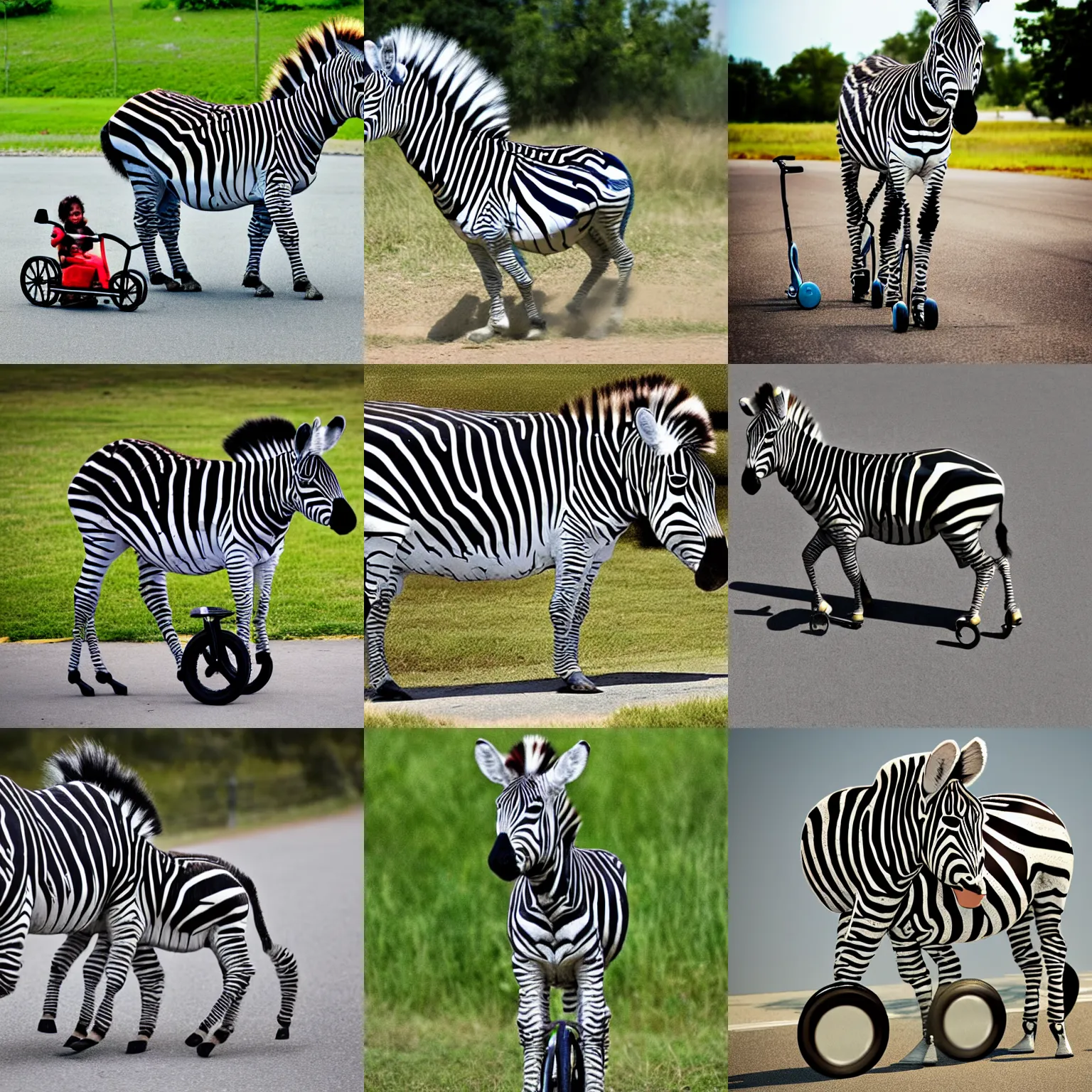 Prompt: a zebra riding a tricycle