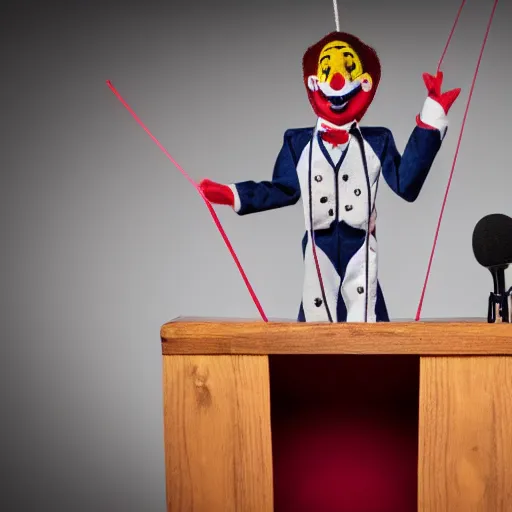 Prompt: puppet show of a puppeteer using a string marionette of a president with clown makeup in a podium