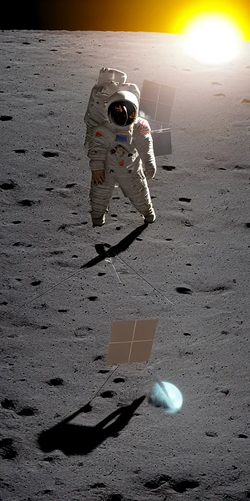 Image similar to super high resolution portrait, chinese astronaut landing on the moon, backlight, background is lunar crater, earth, sky, meteorite crater, lunar module, f 3 2, high detail.