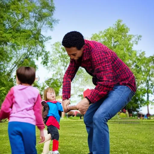 Image similar to high quality stock photo of a man playing in a park with his children, detailed