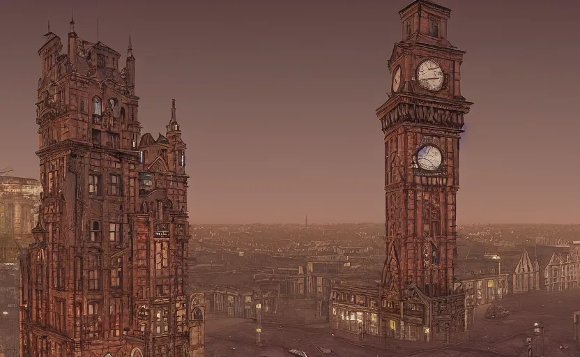 Image similar to an asymetric clocktower, looming above an early 1900s industrial english cityscape at dusk, by tim burton, by zdzislaw beksinski, by igor morski, by laurie lipton, photorealistic, realistic shadows, Burtonesque, German expressionism, 3d, rendered in octane, rendered in lumion, matte painting