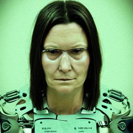 Prompt: grainy illustration of an ugly woman, wearing bionic implants, cyborg!!!! criminal!!!!, (((((high tech, cyberpunk))))), mugshot!!!!