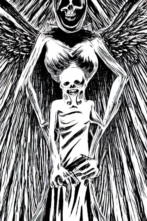 Image similar to angel of death smiling in the dark night, junji ito,