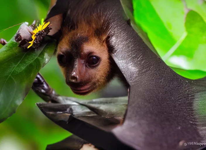 Image similar to super macro of a fruit bat drinking from a flower in the forest. fantasy magic style. highly detailed 8 k. intricate. nikon d 8 5 0 3 0 0 mm. award winning photography.