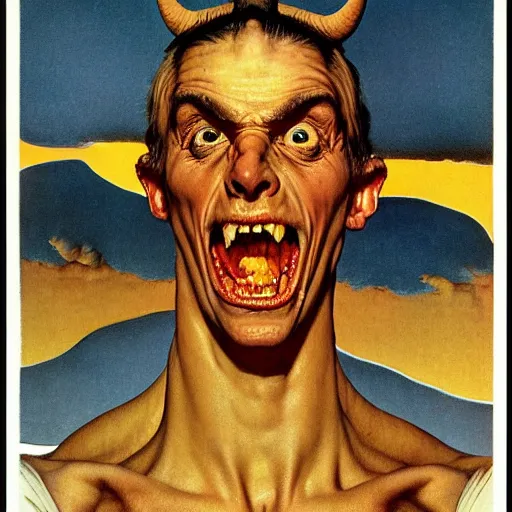 Prompt: upper body portrait a thick-necked horned demon, by norman rockwell and boris vallejo