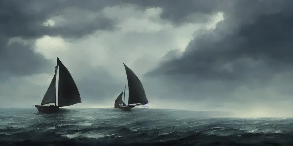 Image similar to sailboat with horizon and dark clouds, dramatic lighting, beautiful views, painterly concept art, joanna gaines, environmental concept art, farmhouse, magnolia, concept art illustration by ross tran, by james gurney, by craig mullins, by greg rutkowski trending on artstation