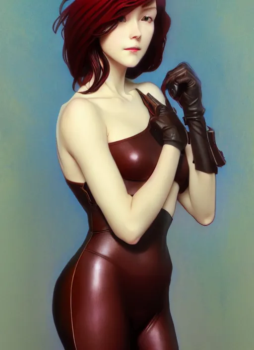 Prompt: pretty young woman with shoulder length shiny shimmering dark red hair and wearing leather suit, path traced, highly detailed, high quality, digital painting, by studio ghibli and alphonse mucha, leesha hannigan, makoto shinkai, disney