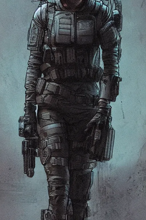 Image similar to Sara the ghost. blackops mercenary in near future tactical gear and cyberpunk headset. Blade Runner 2049. concept art by James Gurney and Mœbius.
