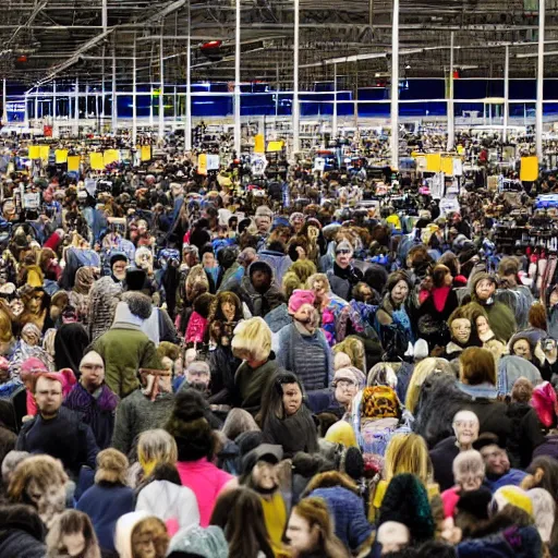 Prompt: the crowds at the black friday sales at walmart, intricate, highly detailed, sharp focus, art by michelangelo