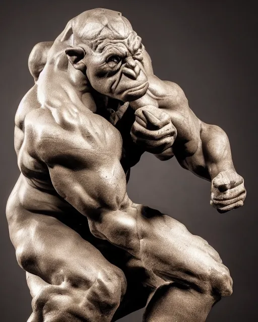 Prompt: a full figure rubber sculpture of crouching Orc, by Michelangelo, dramatic lighting, rough texture, subsurface scattering, wide angle lens