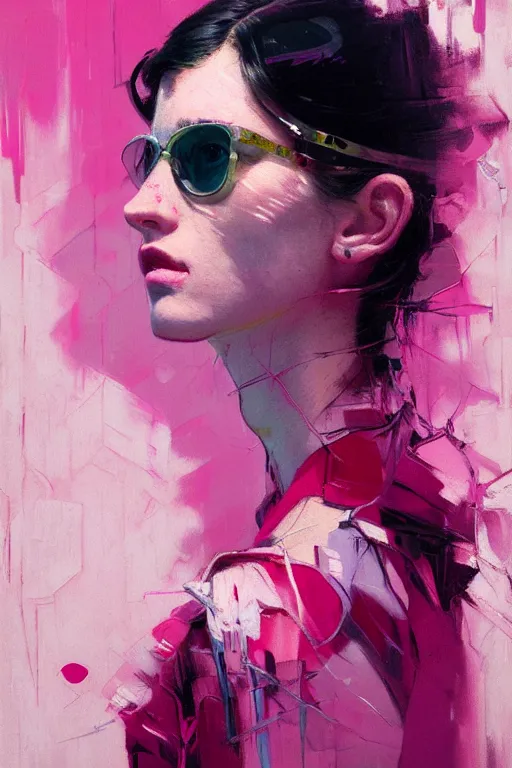 Image similar to portrait of a beautiful sad girl, dark hair, shades of pink, beautiful face, rule of thirds, intricate outfit, spotlight, by greg rutkowski, by jeremy mann, by francoise nielly, by van gogh, digital painting