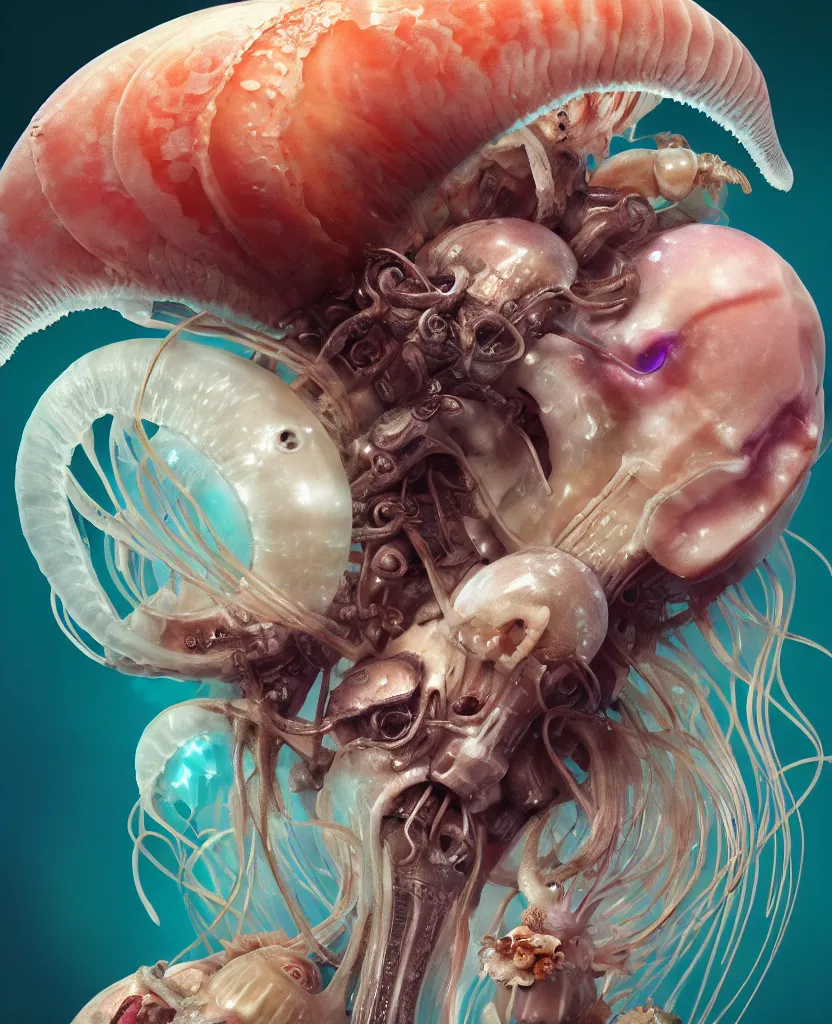 Image similar to goddess close-up portrait ram skull. jellyfish phoenix head, nautilus, orchid, skull, betta fish, bioluminiscent creatures, intricate artwork by Tooth Wu and wlop and beeple. octane render, trending on artstation, greg rutkowski very coherent symmetrical artwork. cinematic, hyper realism, high detail, octane render, 8k