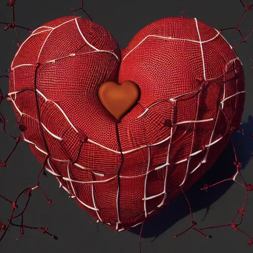 Image similar to human heart with basketball texture with net tied around it, thorns, emanating color, solemn, sacred, faith, ornate, piety, hyper-detailed intricate 3D sculpture, bernini, michelangelo, blender, hyperrealistic octane render, hyper-detailed, 8k, cinematic lighting, gothic 8k