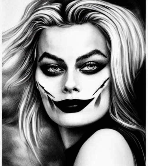 Image similar to tattoo design sketch of beautiful margot robbie portrait with joker makeup, in the style of den yakovlev, realistic face, black and white, realism tattoo, hyper realistic, highly detailed, award winning drawing