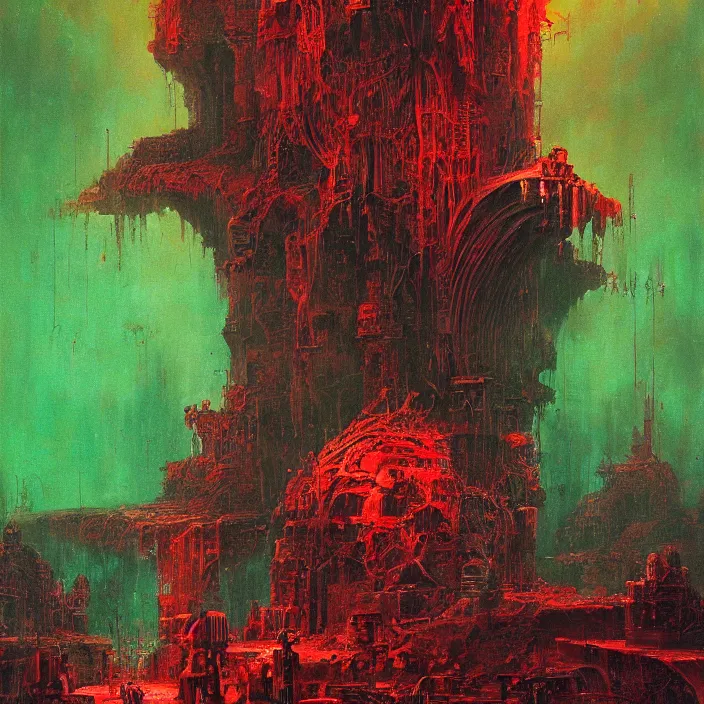 Image similar to gargantuan endless disappointment of crying souls in crack of humanity dissolution, red and green palette, by ( h. r. giger ) and paul lehr