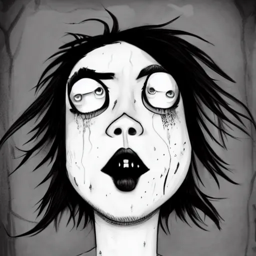 Prompt: grunge drawing of billie eilish in the style of tim burton | horror themed | loony toons style