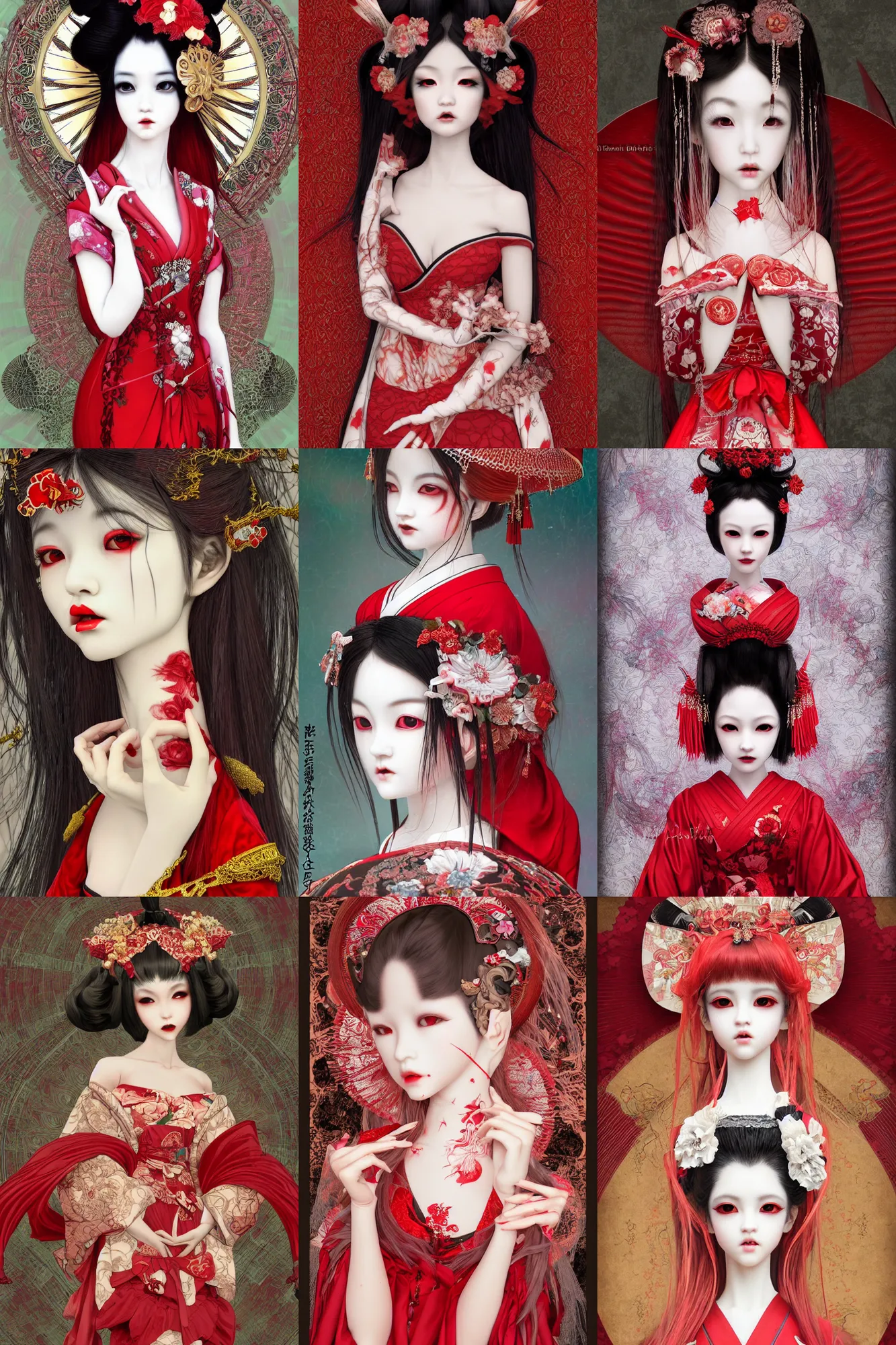 Prompt: photorealistic image of a beatiful japanese bjd geisha vampire queen with a long neck in a victorian lolita fashion red dress in the style of cosmic horror by nekro, alphonse mucha, dmt art, symmetrical vogue face portrait, intricate detail, cgsociety, rococo