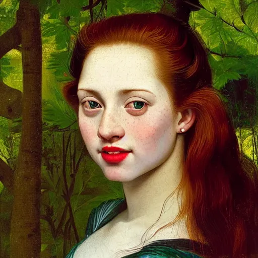 Image similar to portrait of a young woman, among the lights of golden fireflies and nature, long loose red hair, intricate details, green eyes, hint of freckles, round gentle face, happy cheeky smile with red lips, deep focus, smooth, sharp, golden ratio, hyper realistic art by artemisia lomi gentileschi and caravaggio and artgerm